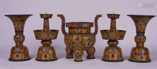 FIVE OF CHINESE CLOISONNE VASE & CENSER AND CANDLE HOLDER