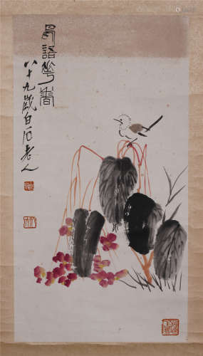 CHINESE INK AND COLOR PAINTING OF FLOWER & BIRD