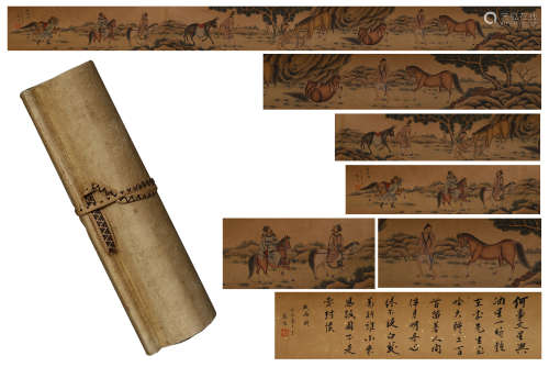 CHINESE SCROLL PAINTING OF HERD HORSES BY LUHUI