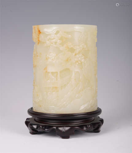 CHINESE JADE CARVED FIGURE AND STORY BRUSH POT