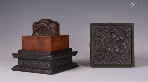 CHINESE BOXWOOD CARVED DRAGON SQUARE SEAL
