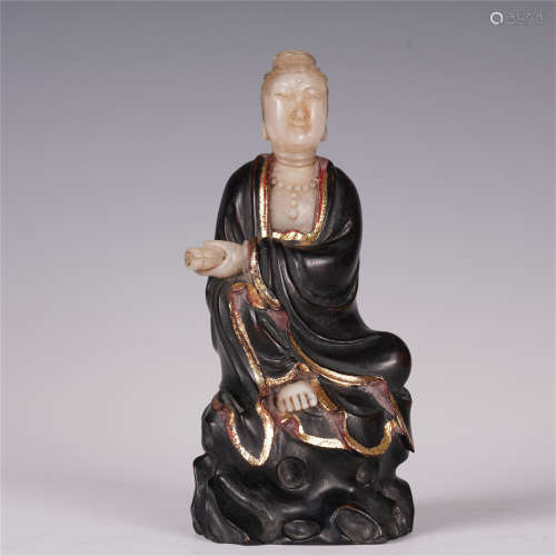CHINESE ROSEWOOD LNLAY AGATE CARVED SEATED GUANYIN
