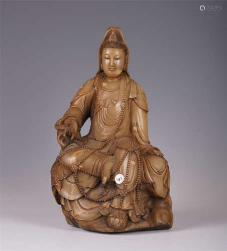CHINESE SOAP STOUE CARVED SEATED GUANYIN STATUE