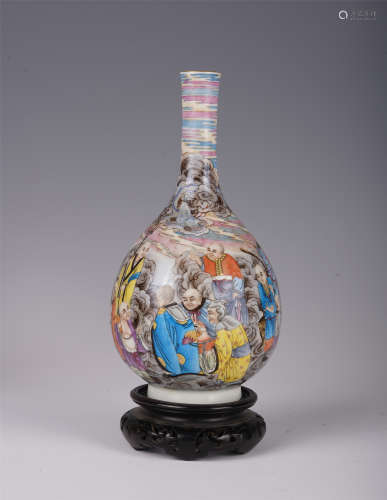 CHINESE FAMILLE ROSE PORCELAIN FIGURE AND STORY VASE