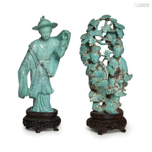 Two Chinese well-carved turquoise figural …