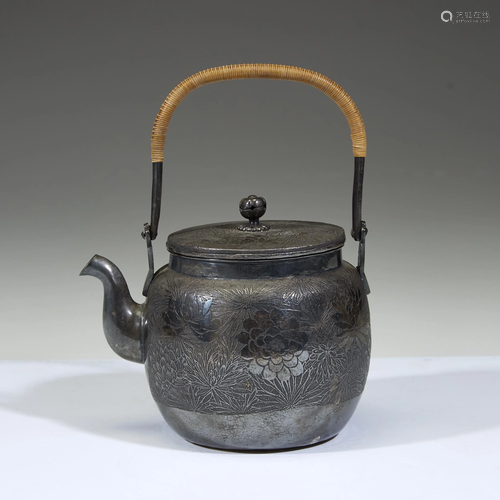 A Japanese etched silver floral teapot with c…