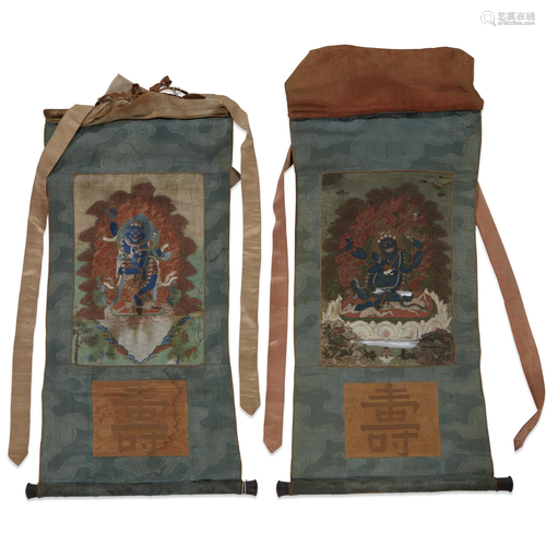 An associated pair of small Tibetan thangkas…