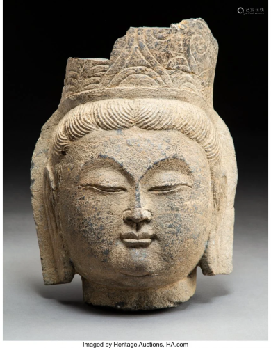 78238: A Chinese Carved Stone Head of Gu…
