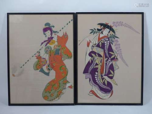 JAPON. Deux peintures à l'encre et couleur