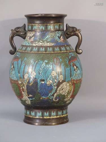 JAPON, Vase en bronze et émaux champlevés