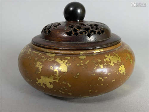 洒金有款精品铜香炉 Chinese Glit Bronze incense burner with wooden cover