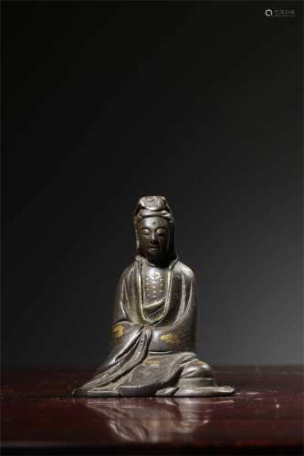A Chinese Copper Gold and Silver Inlaying Guanyin Statue