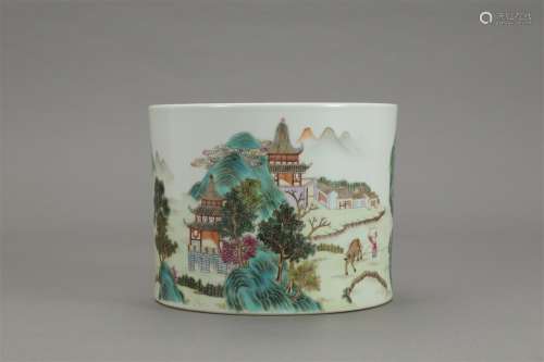 A Chinese Famille Rose Landscape Painted Porcelain Brush Pot