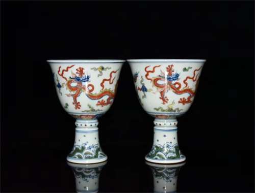 A Pair of Chinese Multi Colored Porcelain Standing Cups