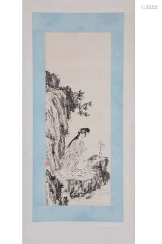 A Chinese Figure Painting Scroll,Pu Ru Mark