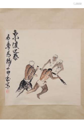 A Chinese Figure Painting Scroll, Shi Lu Mark