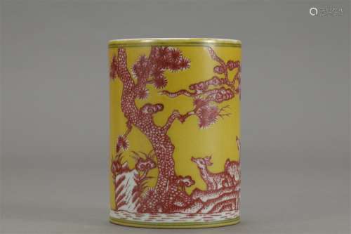 A Chinese Yellow Glazed Underglazed Red Porcelain Brush Pot