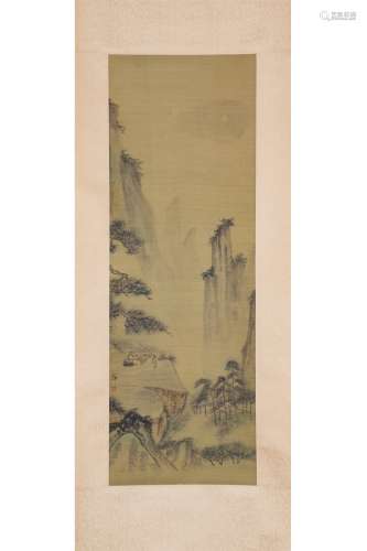 A Chinese Landscape Silk Scroll, Hu Yefo Mark