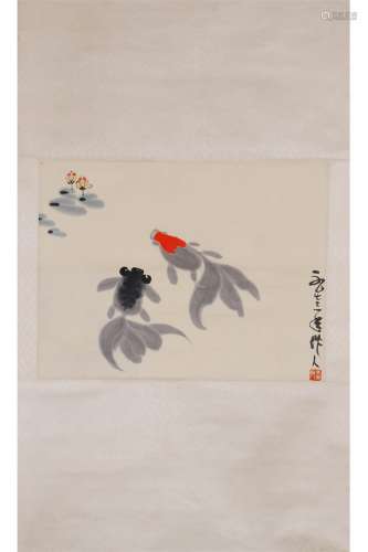 A Chinese Goldfish Painting Scroll, Wu Zuoren Mark