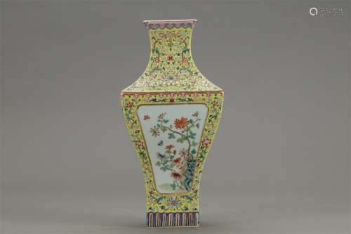 A Chinese Inscribed Yellow Famille Rose Porcelain Square Vase