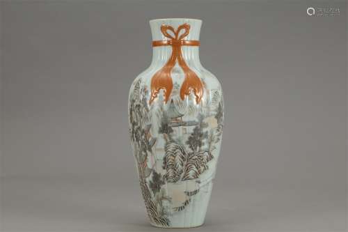 A Chinese Iron Red Ink Landscape Painting Porcelain Vase