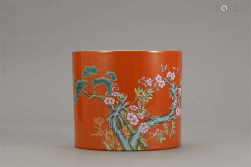 A Chinese Coral Famille Rose Porcelain Brush Pot