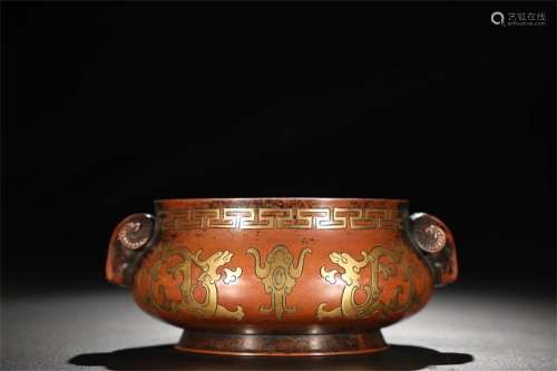 A Chinese Gilded Copper Dragon Pattern Incense Burner