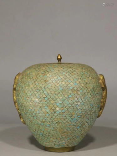 Late Qing Chinese Bronze Jar w Turquoise