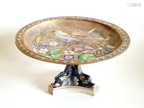 19? French Bronze Enamel Barbedienne Tazza