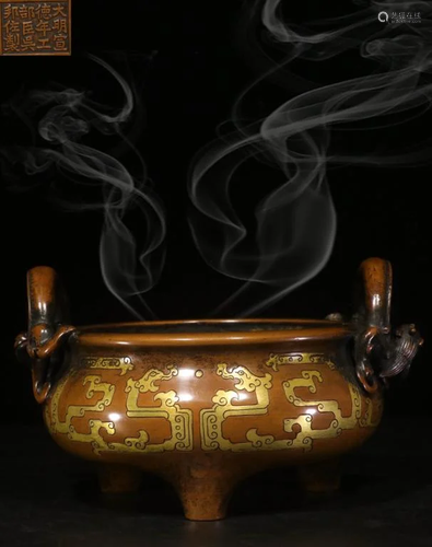 Republican Chinese Gilt Bronze Tripod Censer