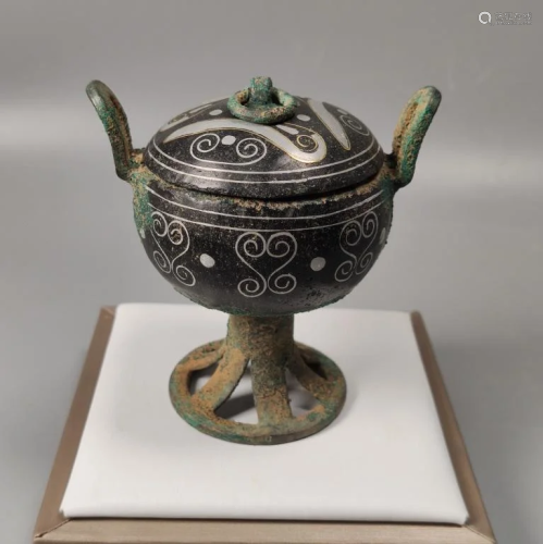 Chinese Bronze Cover Zun Vase, Silver Inlaid