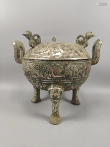 Chinese Bronze Tripod Vessel, Silver Inlaid