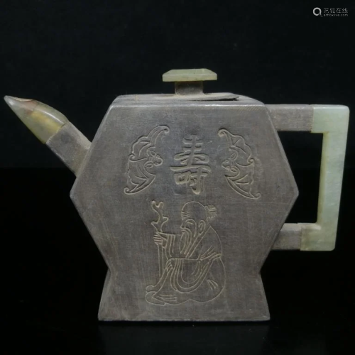 Chinese Pewter Teapot w Jade and Callig…