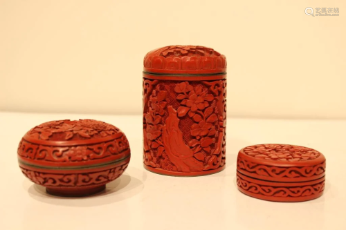 Three Chinese Red Cinnabar Box