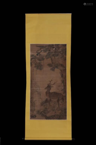 Qing Chinese Ink Color Scroll Silk Painting,