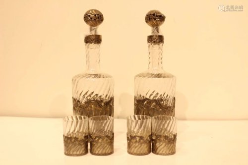 Set of 6 Pieces Glass and Silver Decanter&Shots