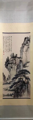 Chinese Ink Color Scroll Painting w Calligra…