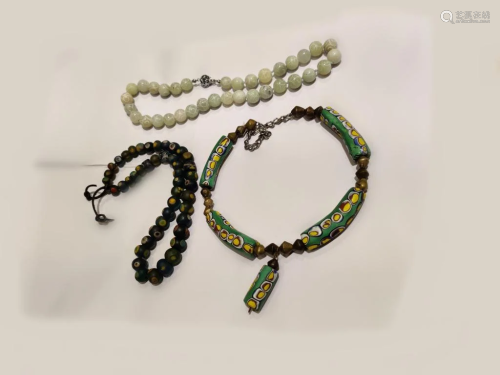 Three 19th.C Enamel on Glass Beads Necklace