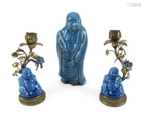 Paar Budai als Leuchter montiert und Bodhidharma türkisfarben glasiert