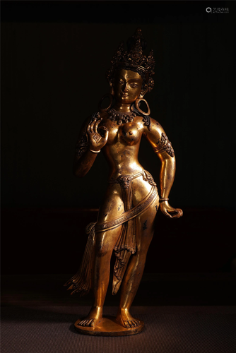 CHINESE GILT BRONZE STAND GUANYIN