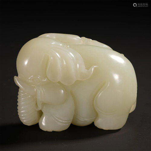 CHINESE WHITE JADE CARVED ELEPHANT …