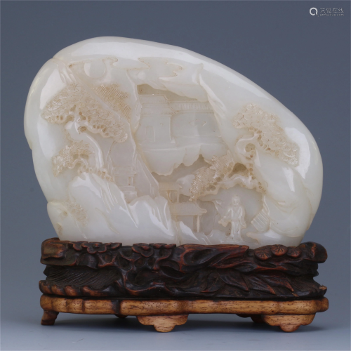 CHINESE WHITE JADE CARVED LANDSCAP…