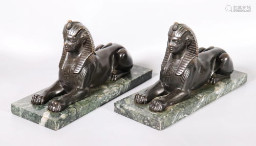 Pair Napoleonic Bronze Sphinx Marble Bases