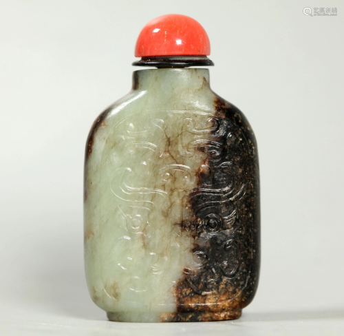 Chinese 18 C 3 Color Jade Taotie Snuff Bottle