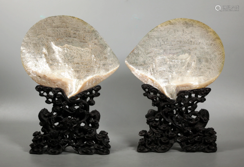 Pr Chinese 19 C Carved Shells; Wood Drag…