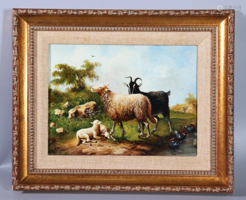 Oil on Panel Goat Ewe and Chickens, Signed…