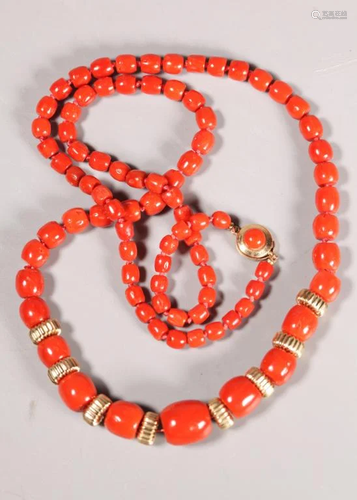 Dark Coral Bead & 14K Yellow Gold Necklace…