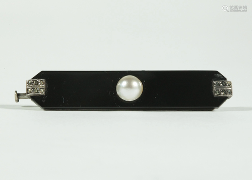 Vintage Norwegian Art Deco Onyx, Pearl Bar Pin