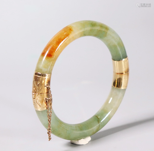 Chinese 3 Color Jadeite & 14K Gold Bangle