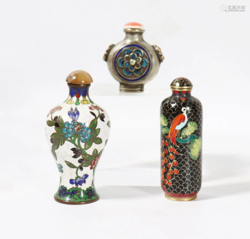3 Chinese Snuff Bottles, 2 Cloisonne 1 Silver